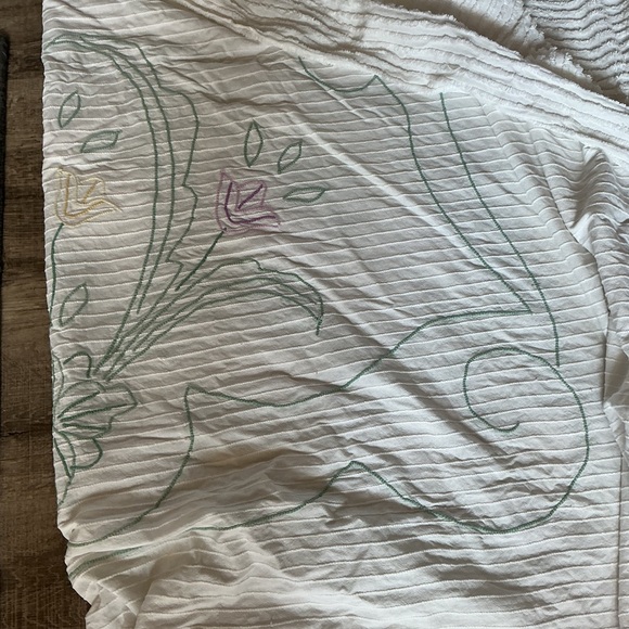 White Chenille Bedspread with Green Scrollwork and Pastel Floral Accents